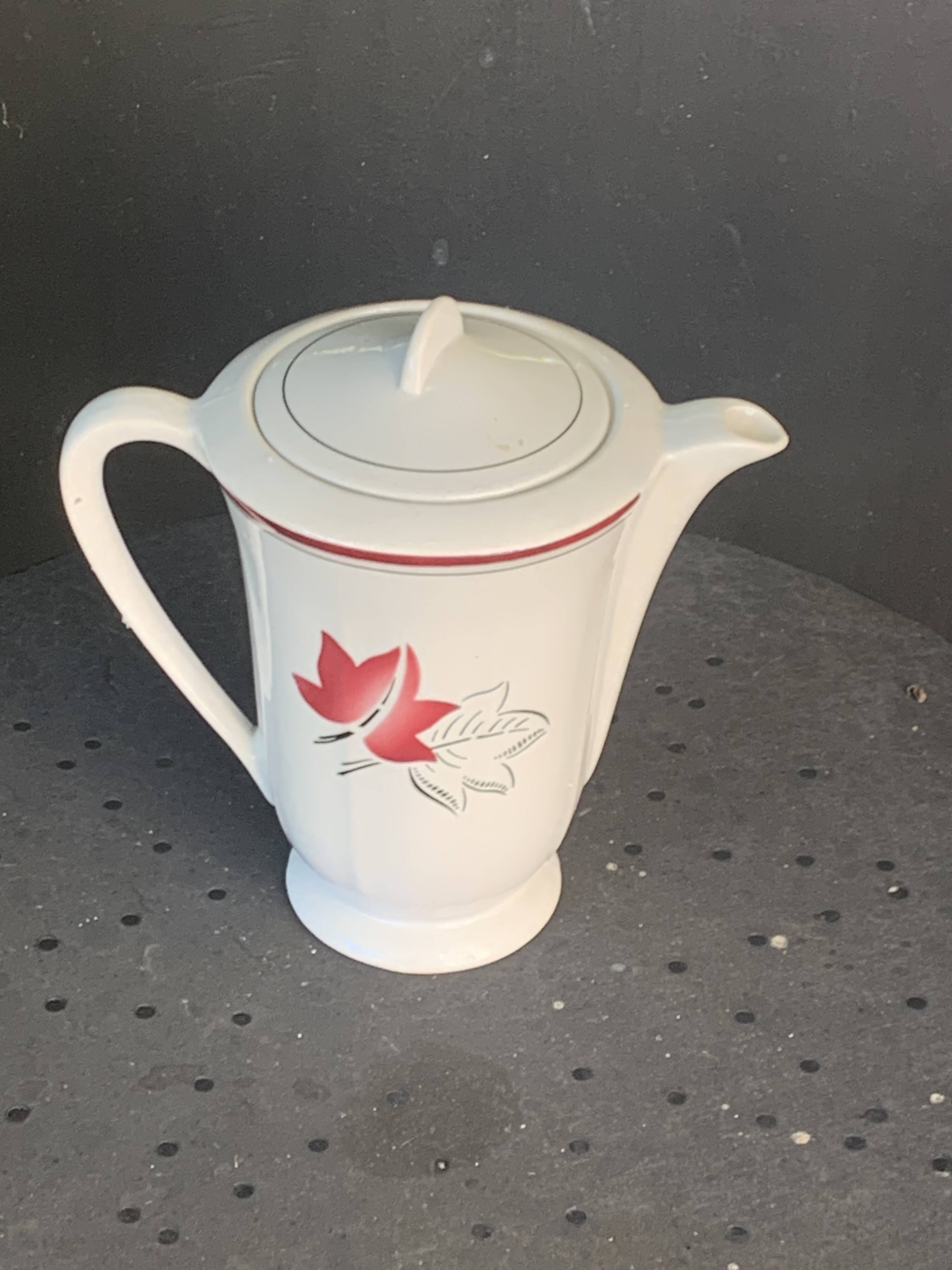 White earthenware coffee pot with red leaf decoration, art deco