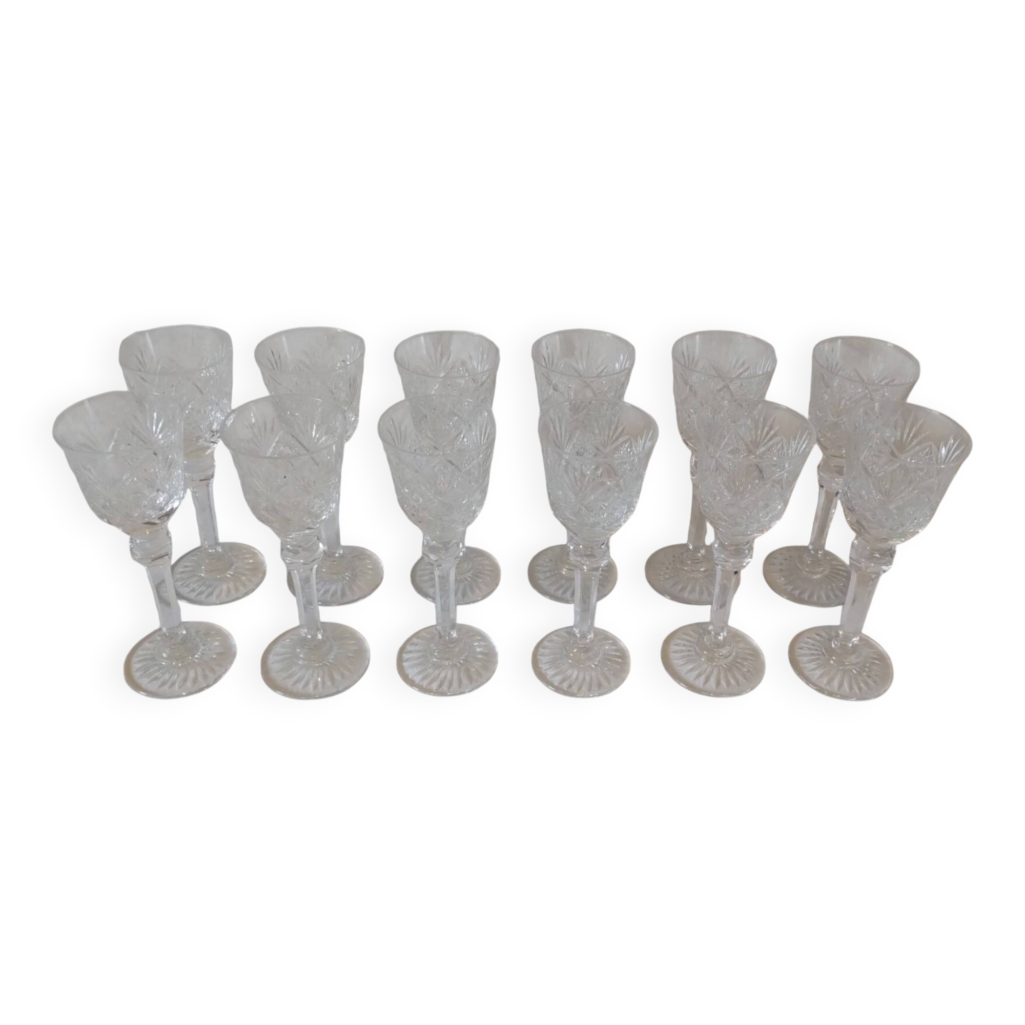 Set of 12 stemmed cut crystal liqueur glasses