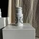 A pair of white glass bottles with Italian green patterns.