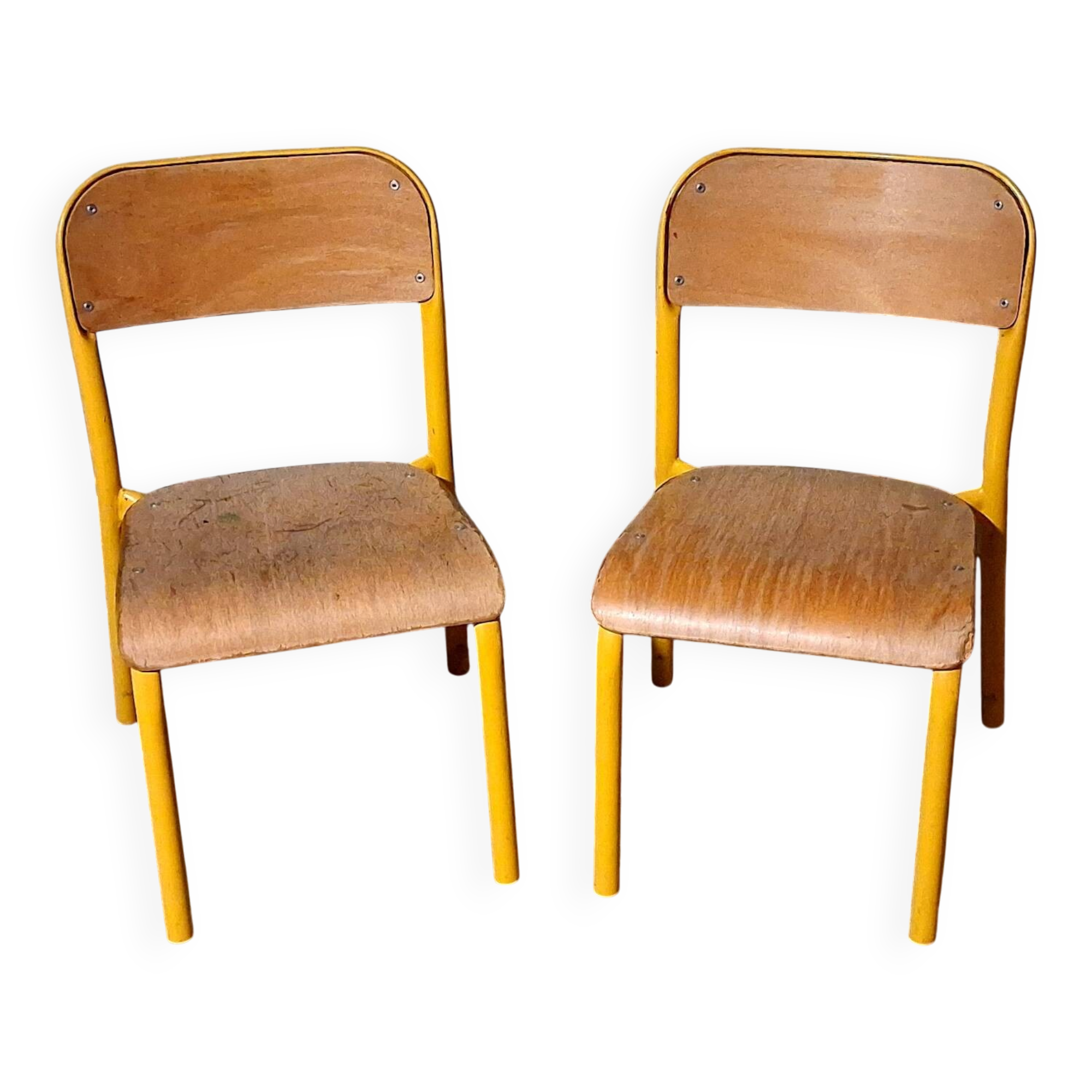 Pair of school chairs, wood and yellow metal, industrial decor.