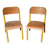 Pair of school chairs, wood and yellow metal, industrial decor.