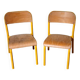 Pair of school chairs, wood and yellow metal, industrial decor.