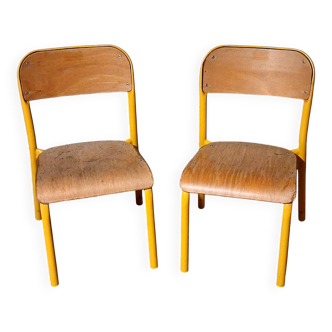Pair of school chairs, wood and yellow metal, industrial decor.