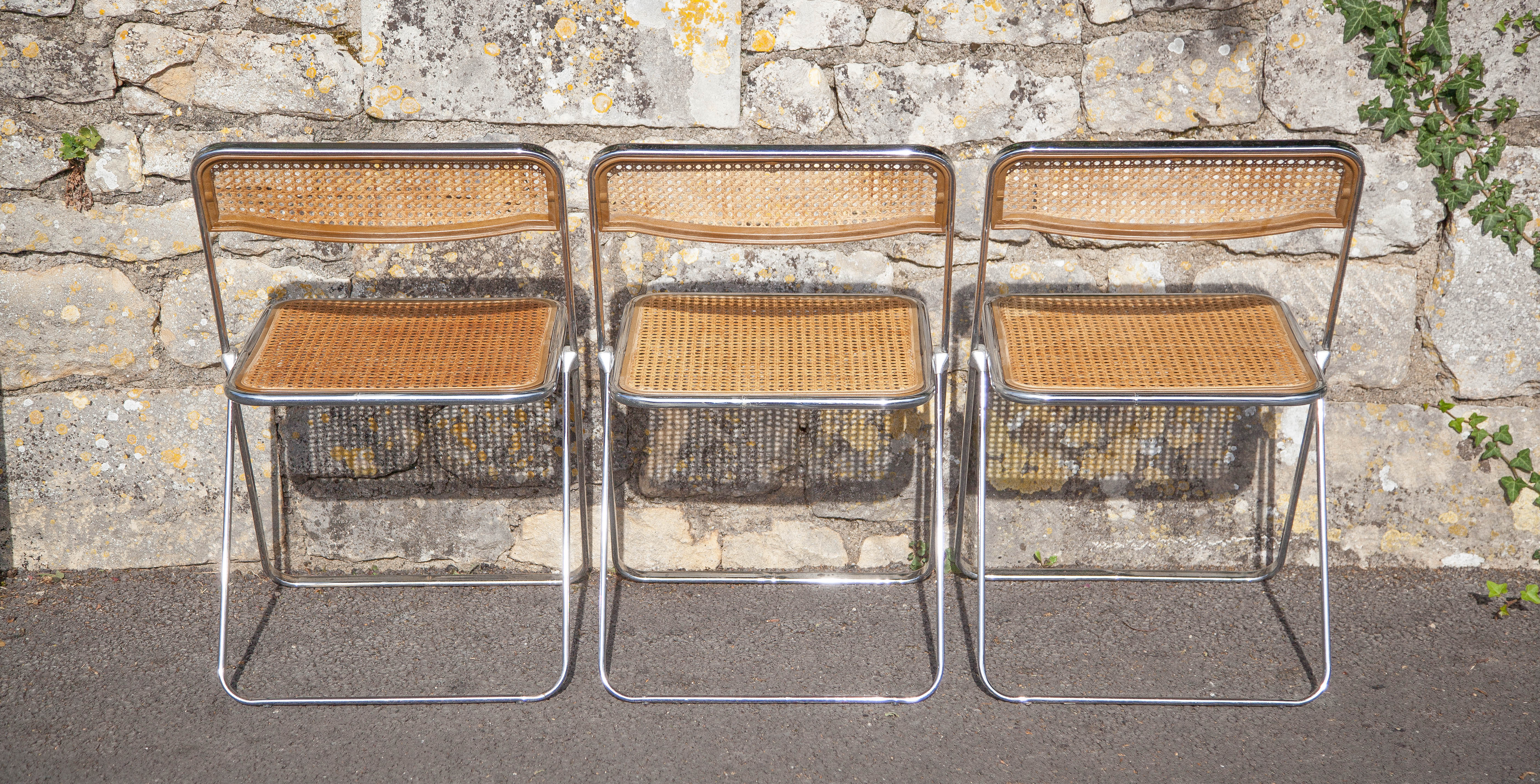 Set of 3 folding chairs in rattan and chromed metal, vintage chair, design, 60's