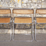 Set of 3 folding chairs in rattan and chromed metal, vintage chair, design, 60's