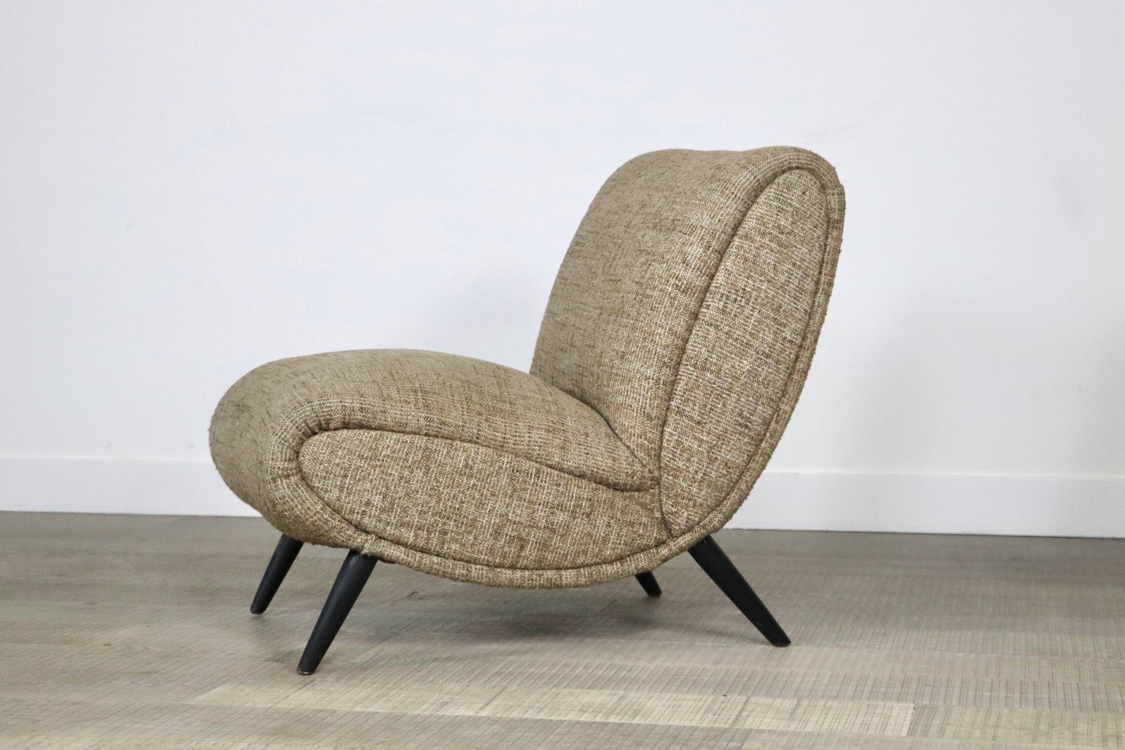 Pair Of Norman Bel Geddes Armchairs In Birch Wood & Original Wool Fabric, 1950s