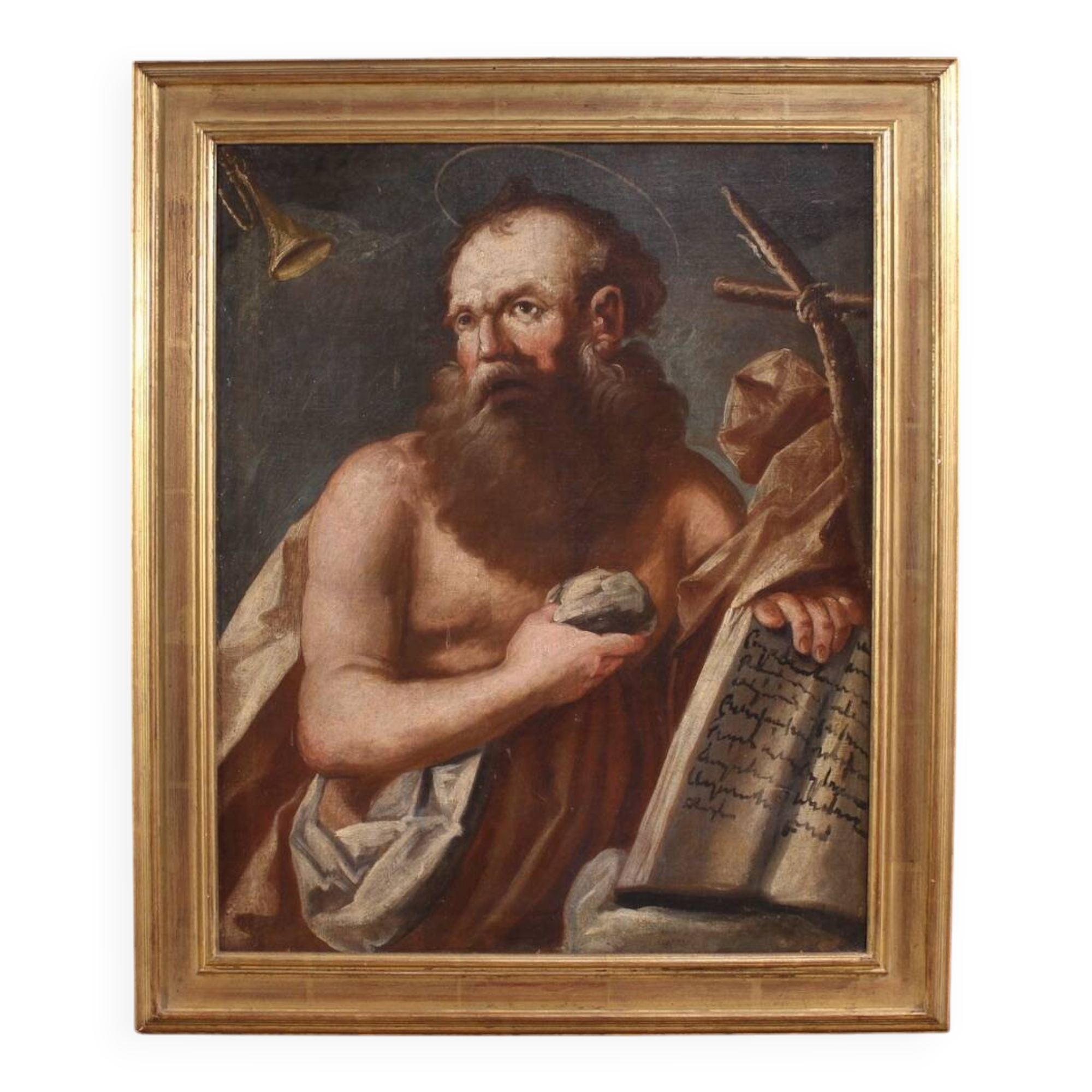 Antique religious painting from the 17th century, Penitent Saint Jerome