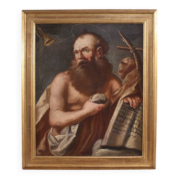 Antique religious painting from the 17th century, Penitent Saint Jerome
