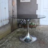 round table with tulip base, chrome and smoked glass