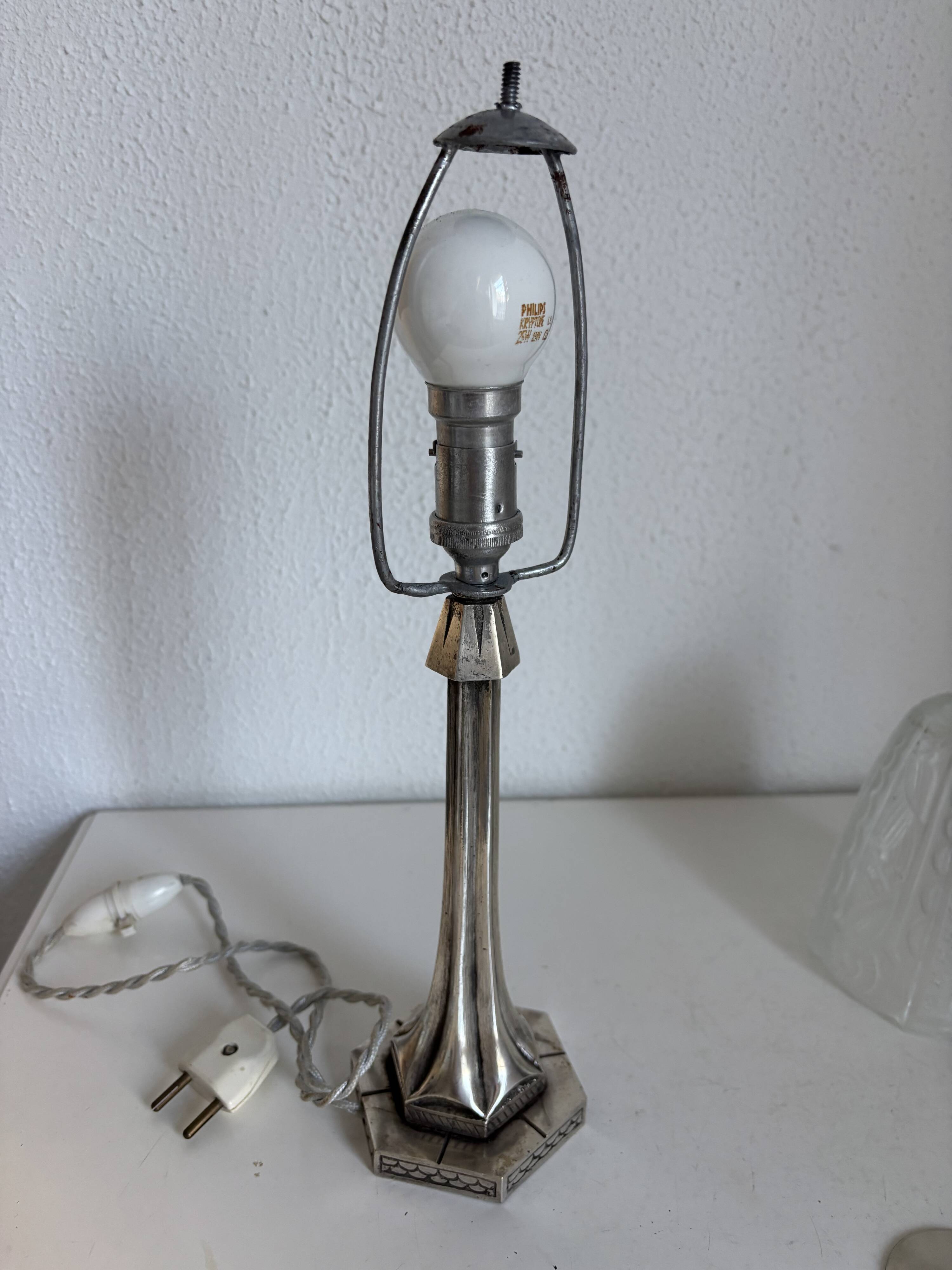 Art Deco table lamp from the 1920s–1930s — Tree trunk base in nickel metal