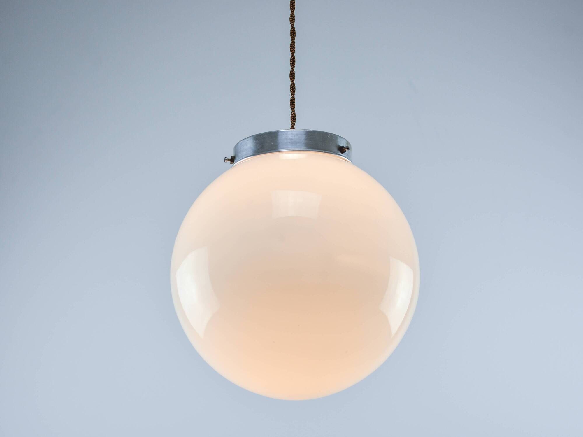Mid-Century Opaline & Metal Sphere Pendant Lamp