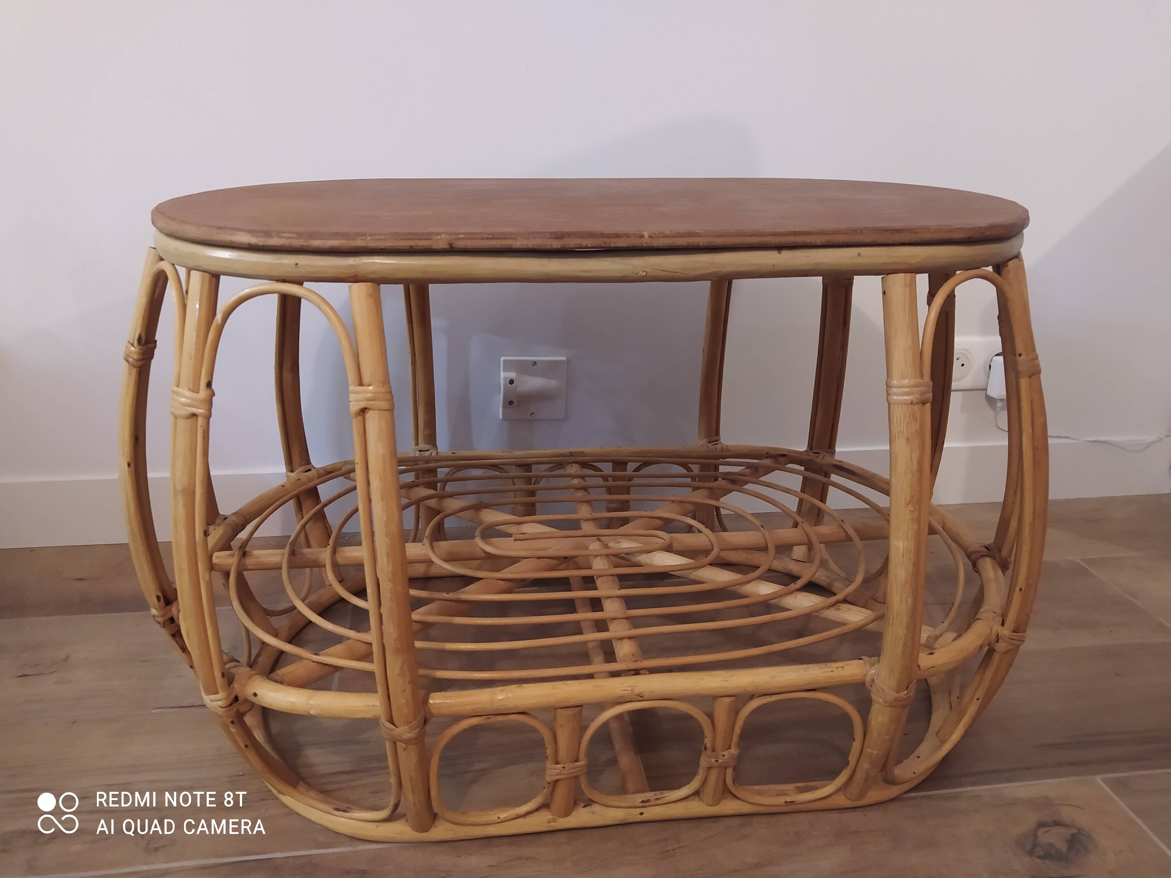 Vintage rattan wicker oval coffee table