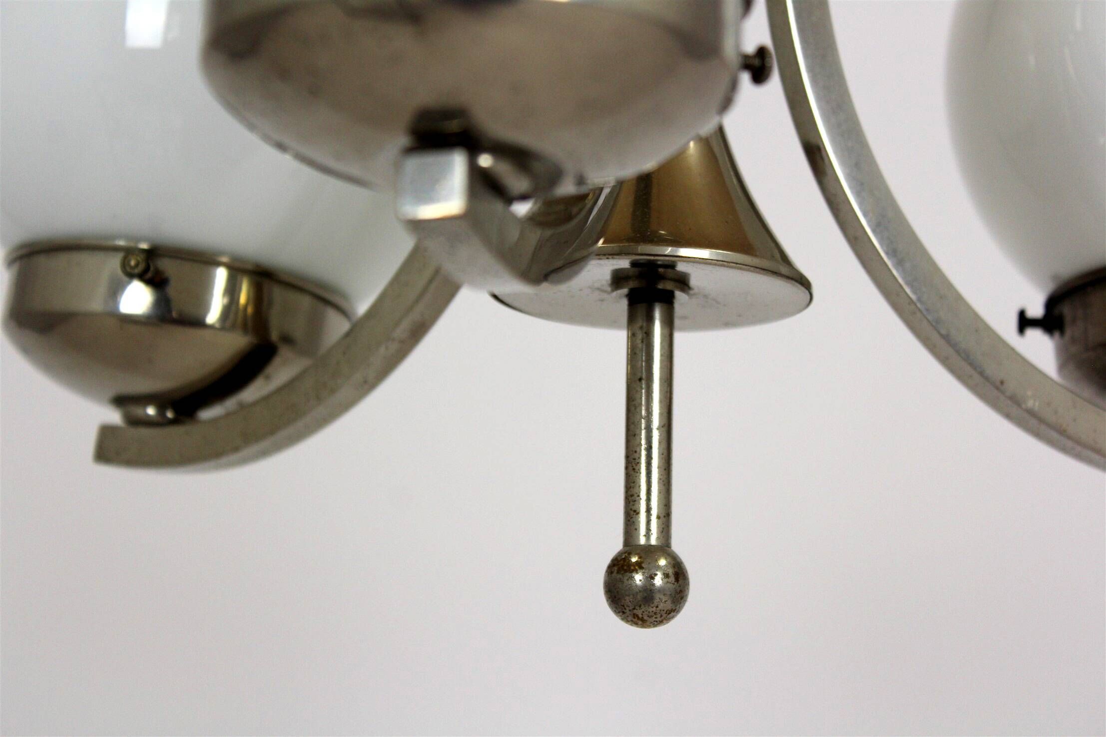Vintage Czech Bauhaus style pendant light, tall, with opaline glass globes, 1940s