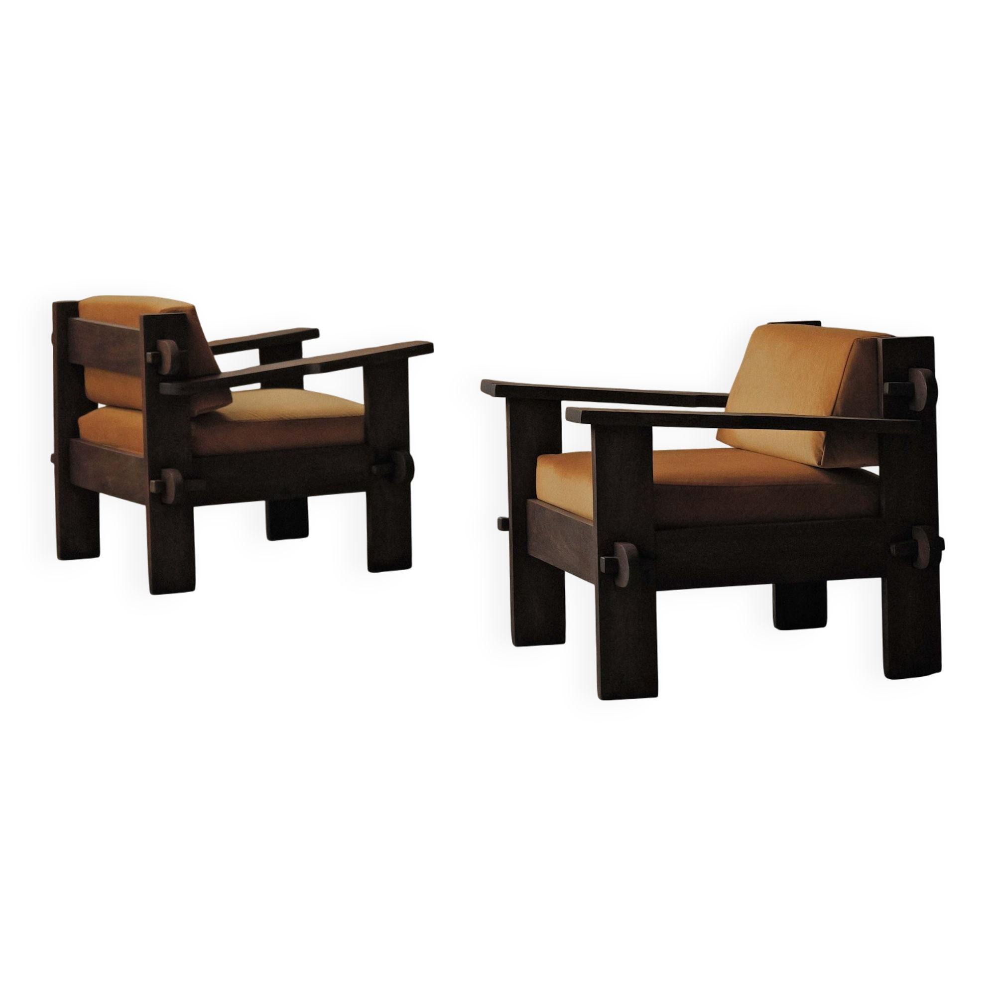 Pair of architect's armchairs in solid wood, France, circa 1970.
