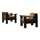 Paire de fauteuils d’architecte en bois massif, France, vers 1970