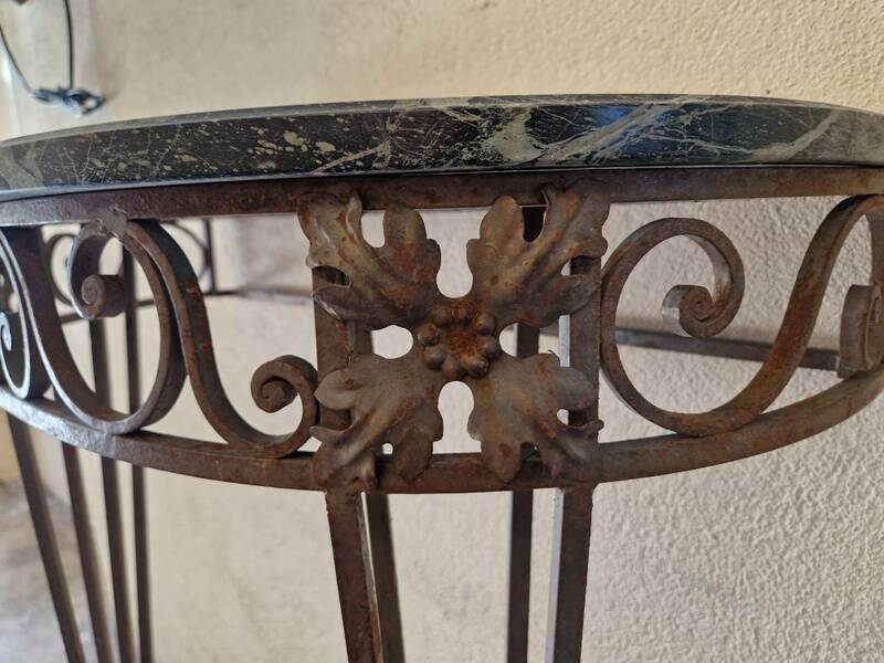 Half moon console - Wrought iron and green marble top - Design 1940