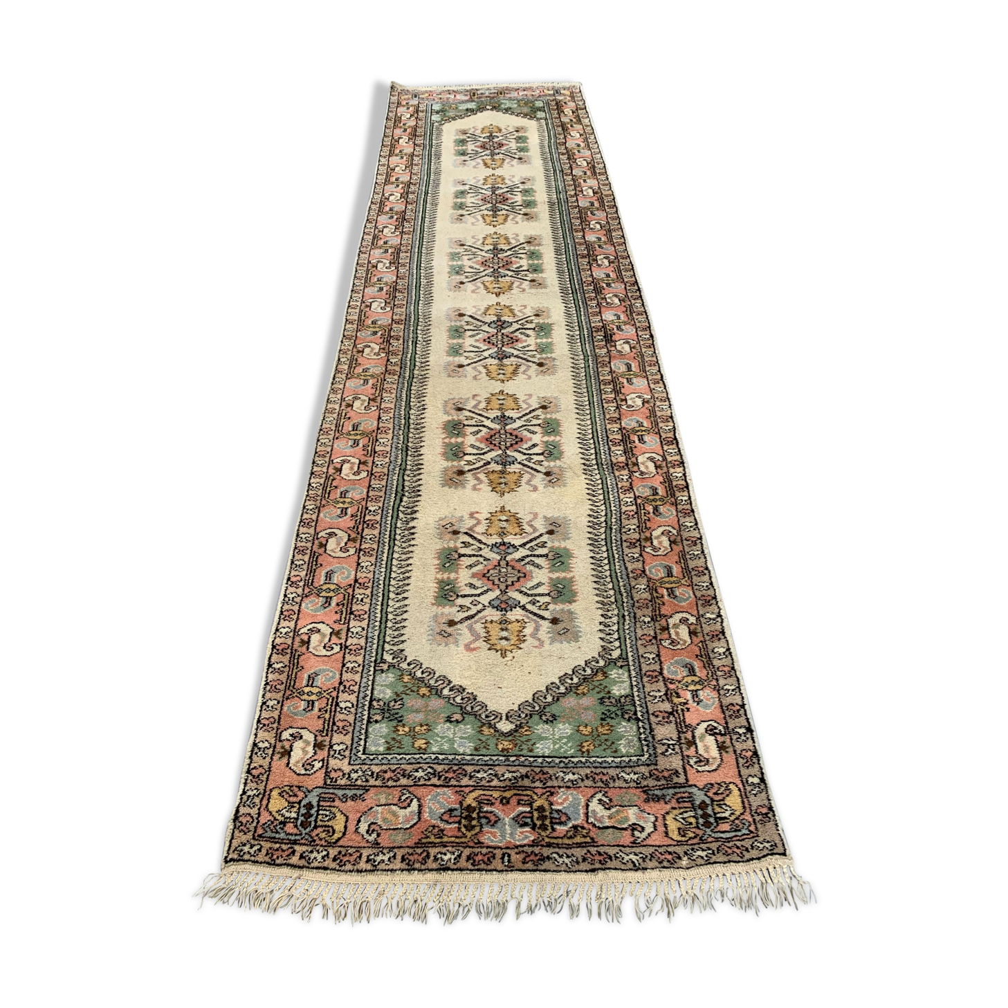 Vintage Turkish Runner 320x86 cm Kula Rug, Terracotta Red, Green, Beige