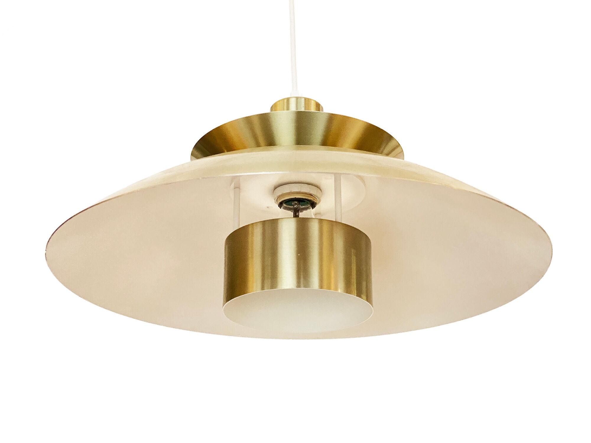 Brushed aluminum pendant light with golden finish, Denmark 1970s