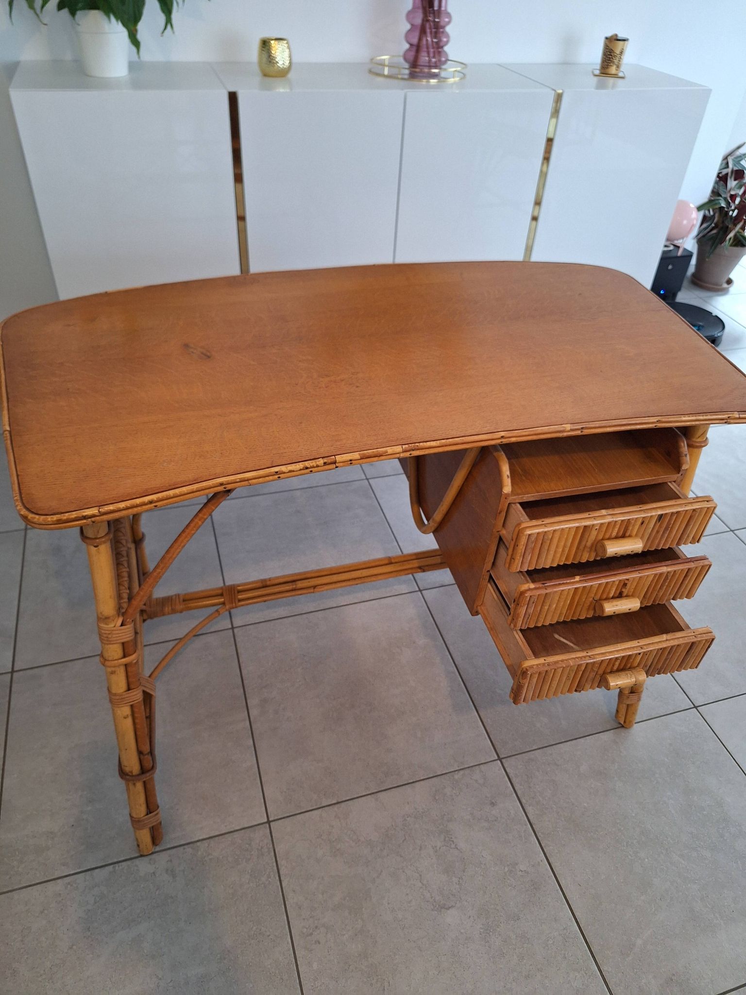 Rattan and bamboo desk with chair - Audoux Minet style from the 1970s.