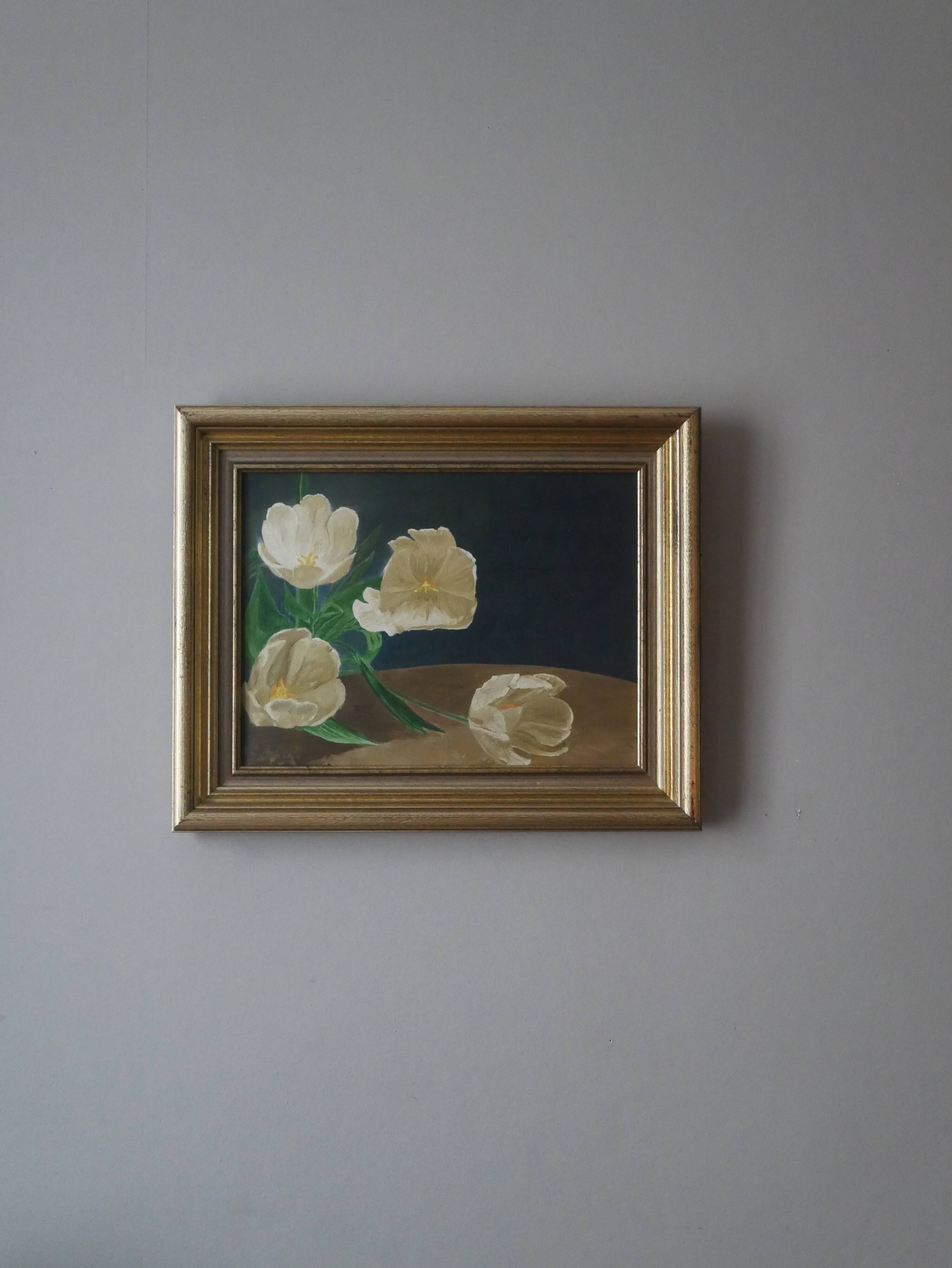 Oil painting on canvas "late tulip" gilded frame still life 1997