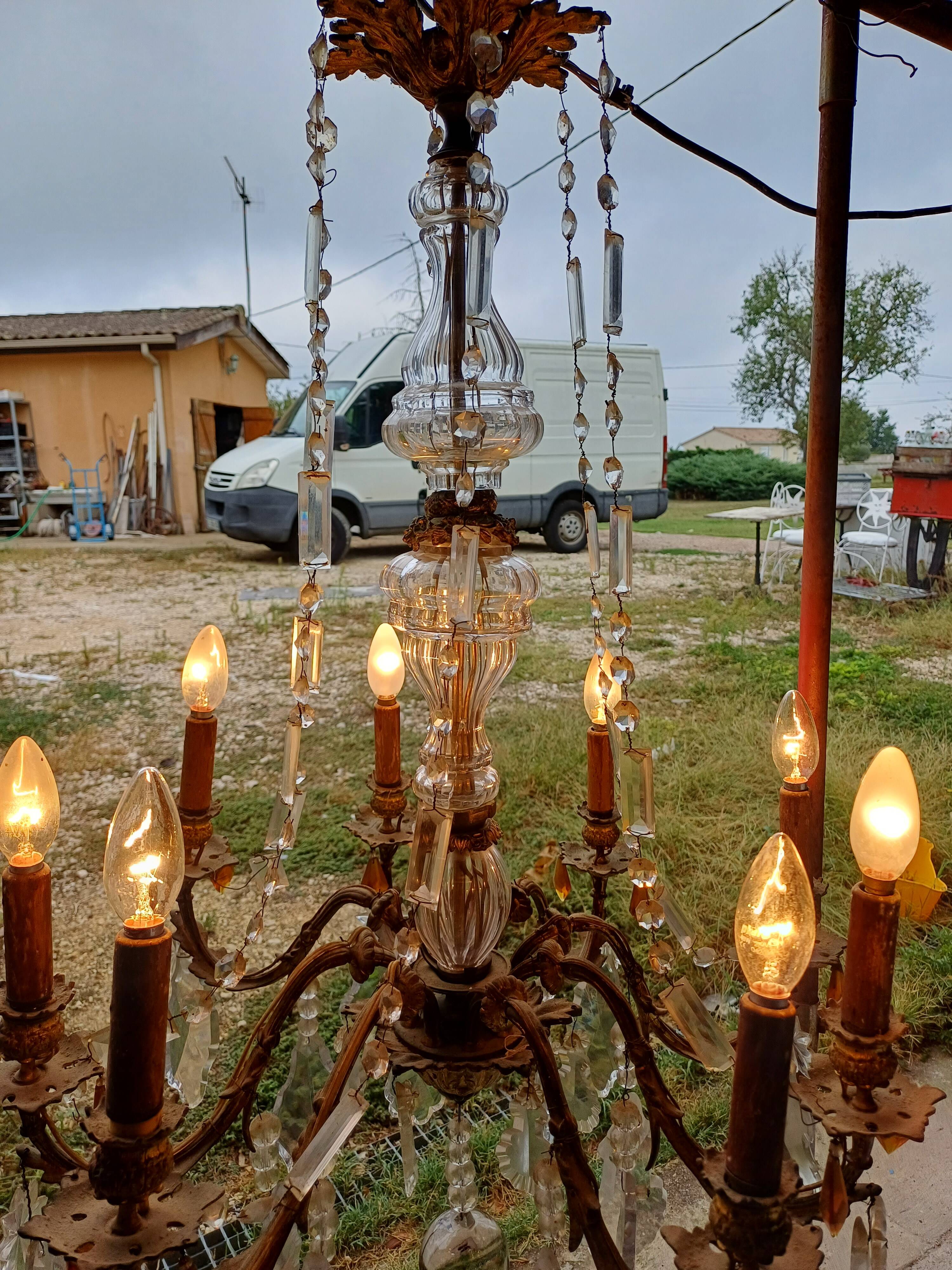 19th Bronze and Crystal Chandelier