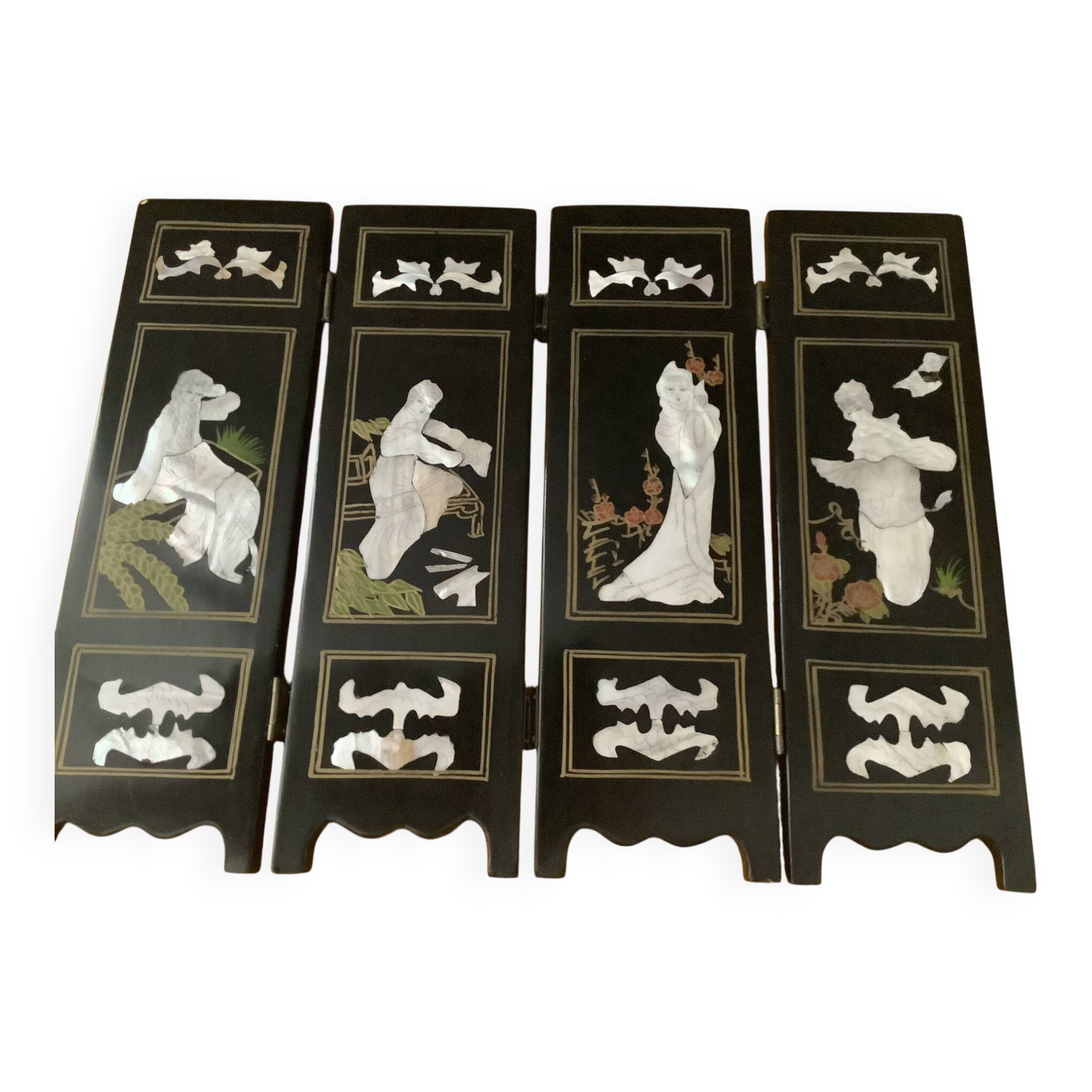 Mini Chinese folding screen Lacquered wood + inlays