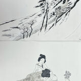 Two original ink and watercolor drawings signed Asia