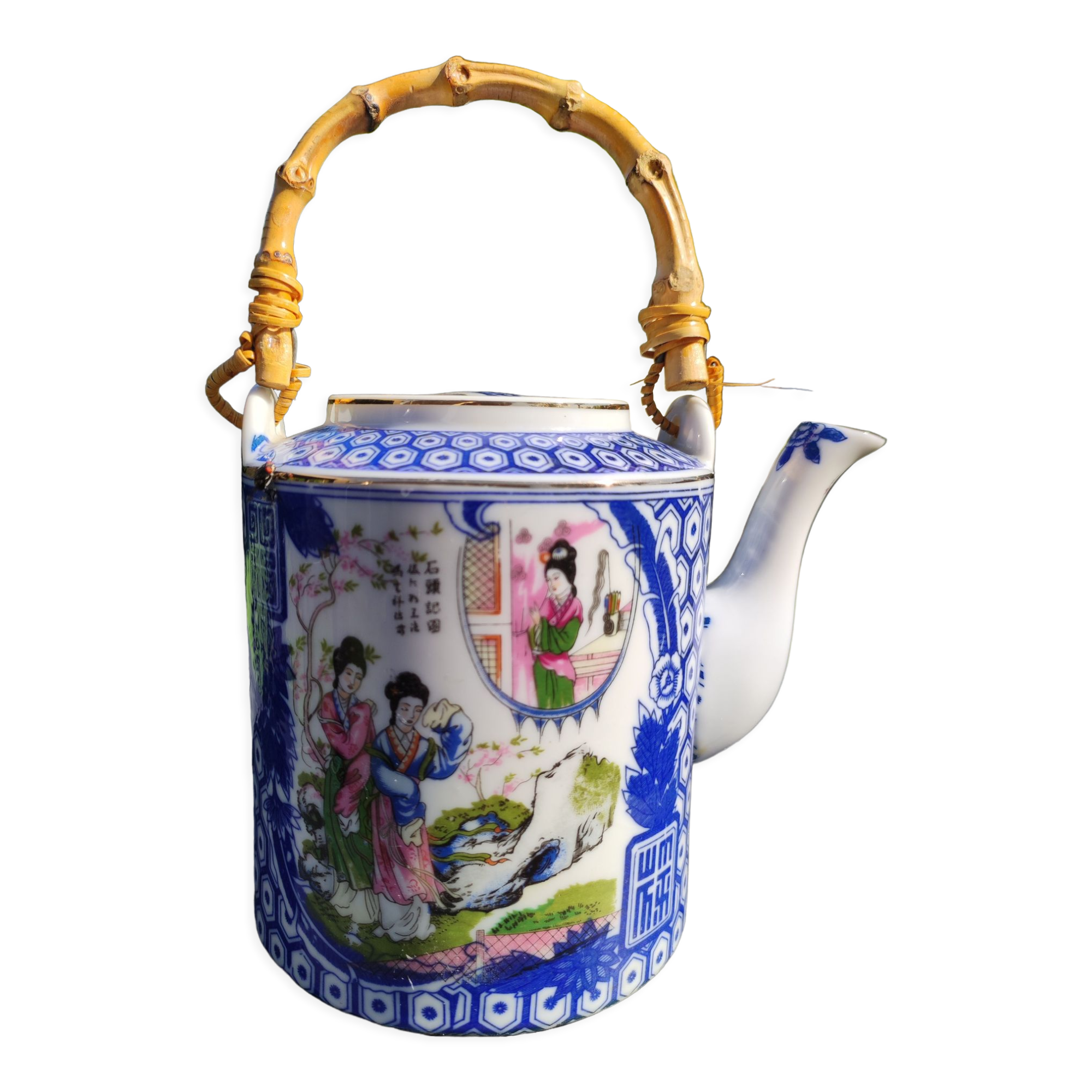 Asian, Japanese fine porcelain teapot with woven bamboo handle, vintage 50s