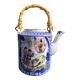 Asian, Japanese fine porcelain teapot with woven bamboo handle, vintage 50s