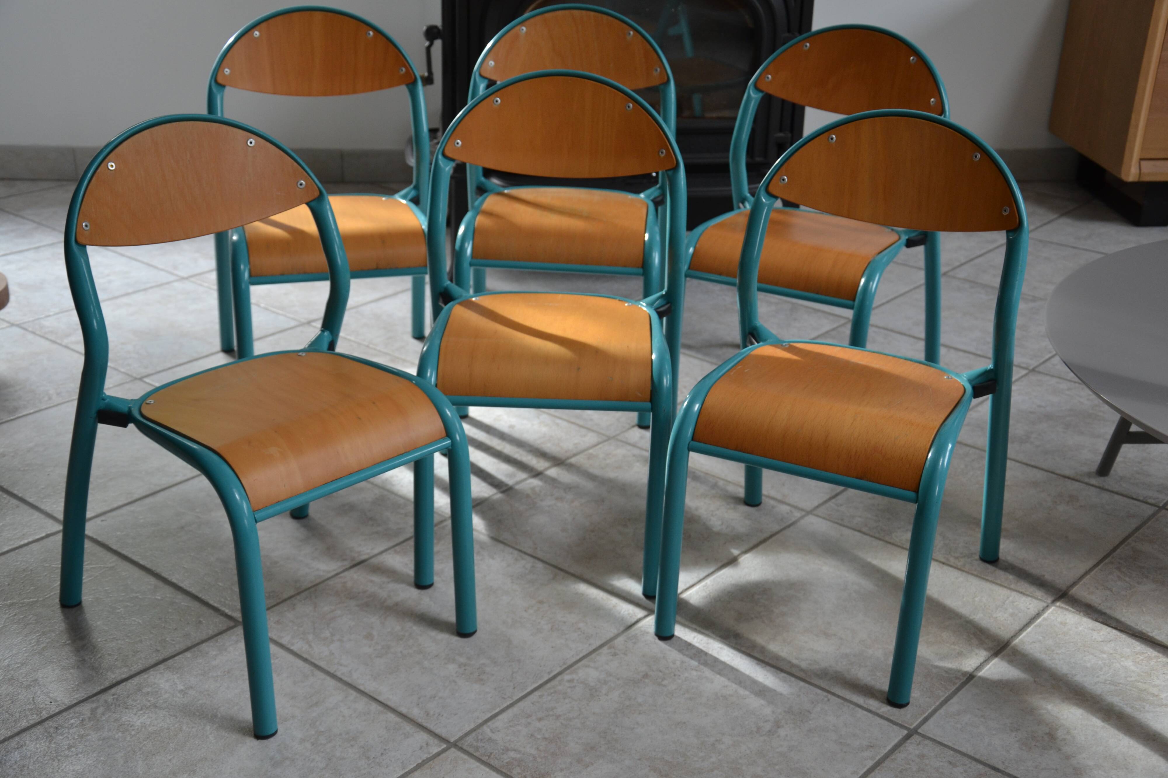 6 vintage blue children's chairs