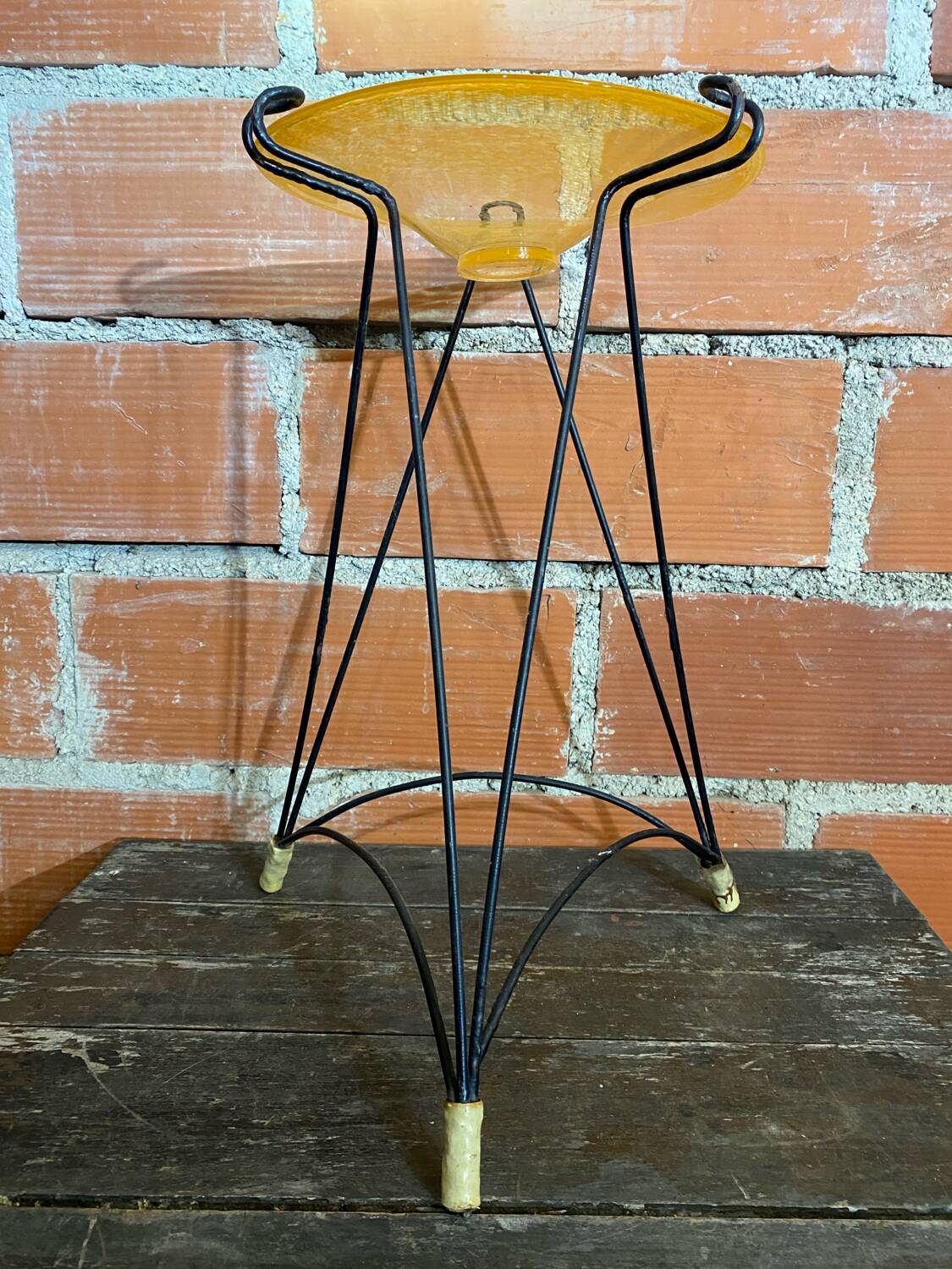 Antique Tripod Side Table Black Metal & Yellow Glass Bowl Years