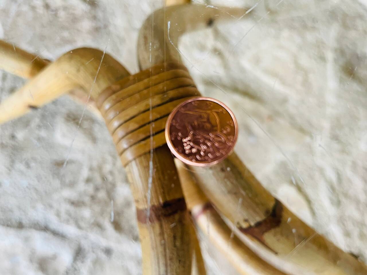 Round bamboo and rattan coffee table with glass top, circa 1960s
