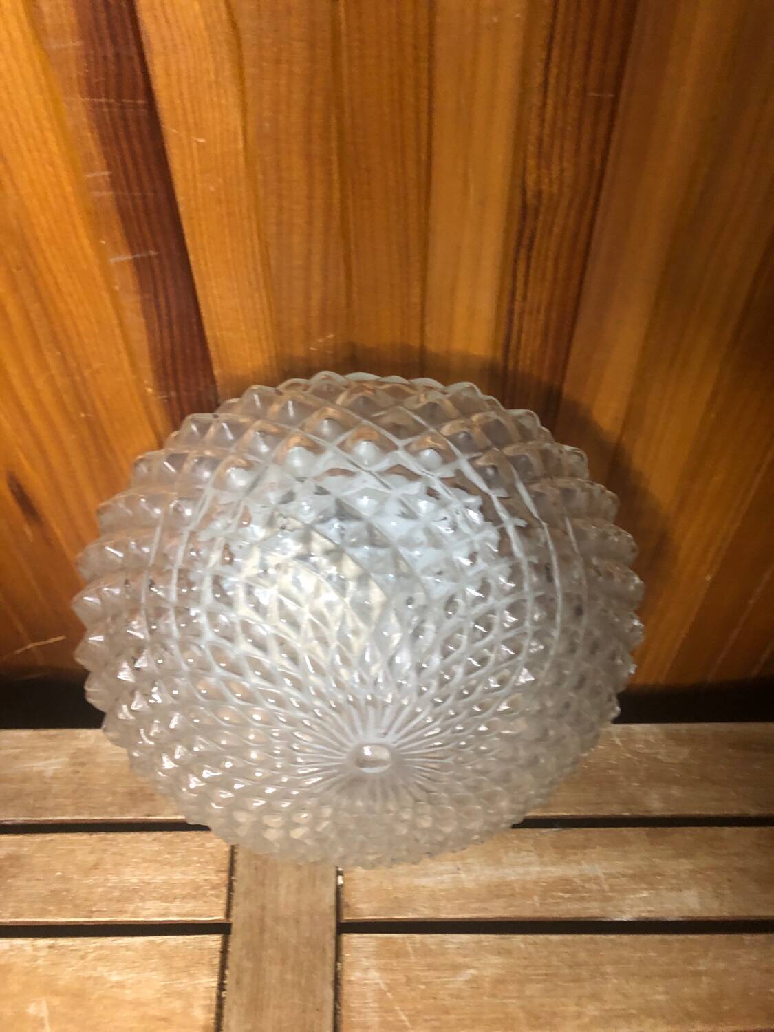 Old molded glass ceiling light + vintage white metal support