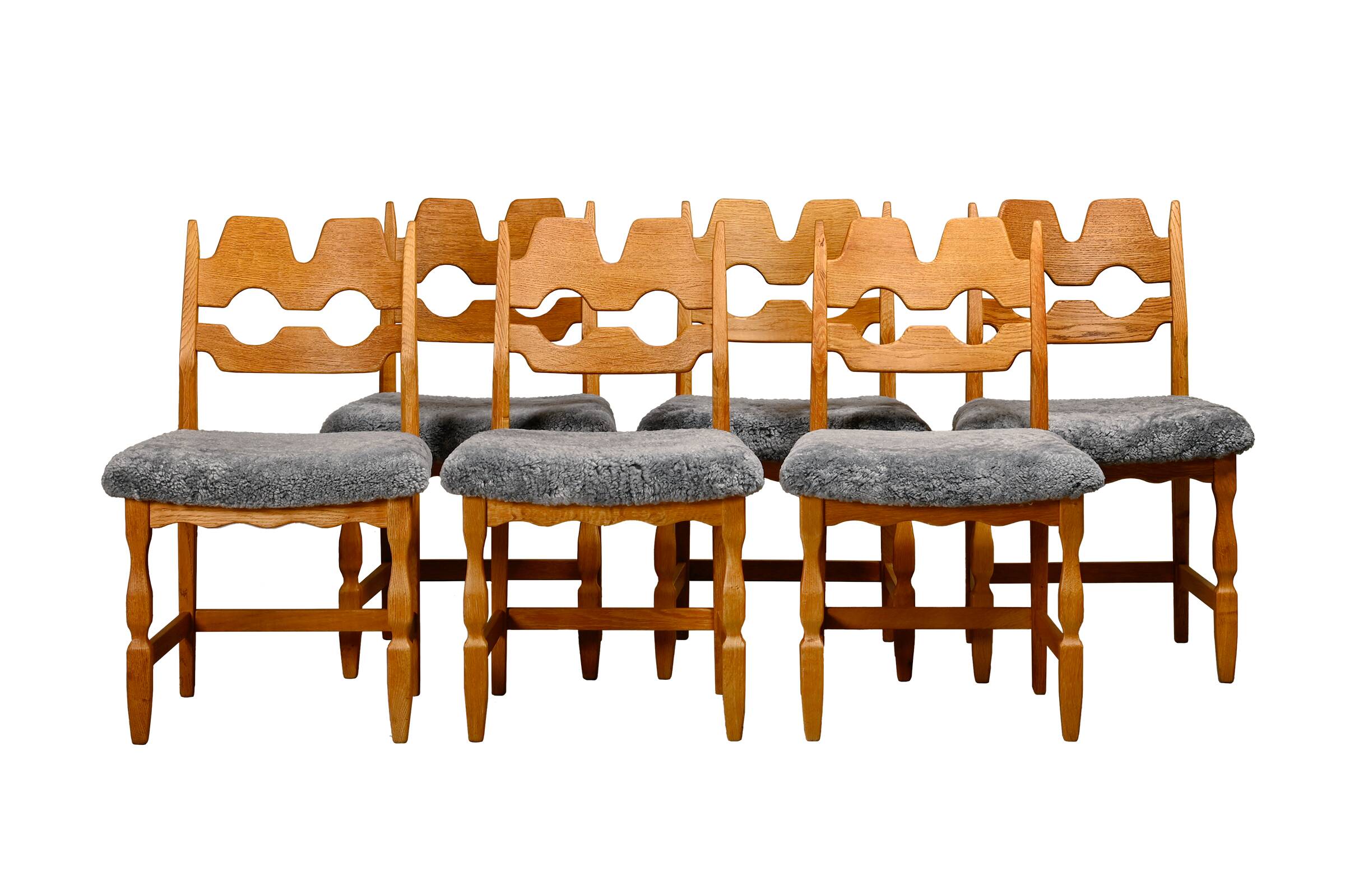 Ensemble de 6 chaises de salle à manger Razorblade en laine d'agneau et chêne de Henning Kjærnulf