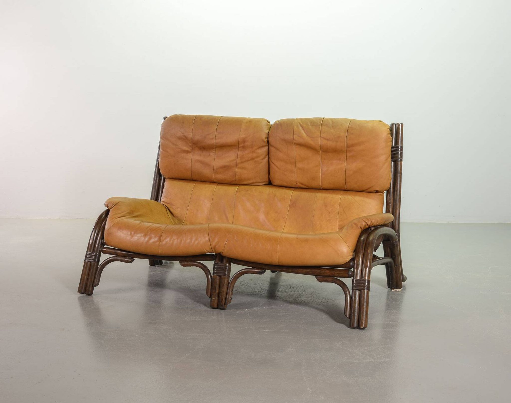Brutalist Bentwood Love Seat Bamboo Sofa w. Caramel Leather Upholstery, 60s