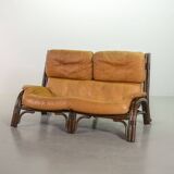 Brutalist Bentwood Love Seat Bamboo Sofa w. Caramel Leather Upholstery, 60s