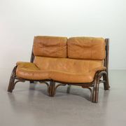 Brutalist Bentwood Love Seat Bamboo Sofa w. Caramel Leather Upholstery, 60s