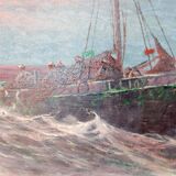 1950's Large Swedish Mid-Century Oil On Canvas " Sailing at Sunset " by Johan Ossian Andersson
