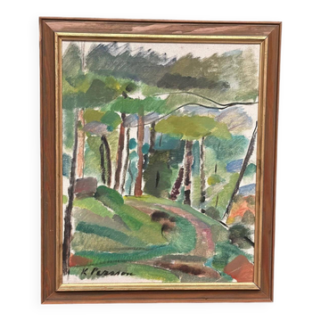 Huile sur toile suédoise – “Shoqsvagi, Forêt” par K. Persson – Datée de 1964
