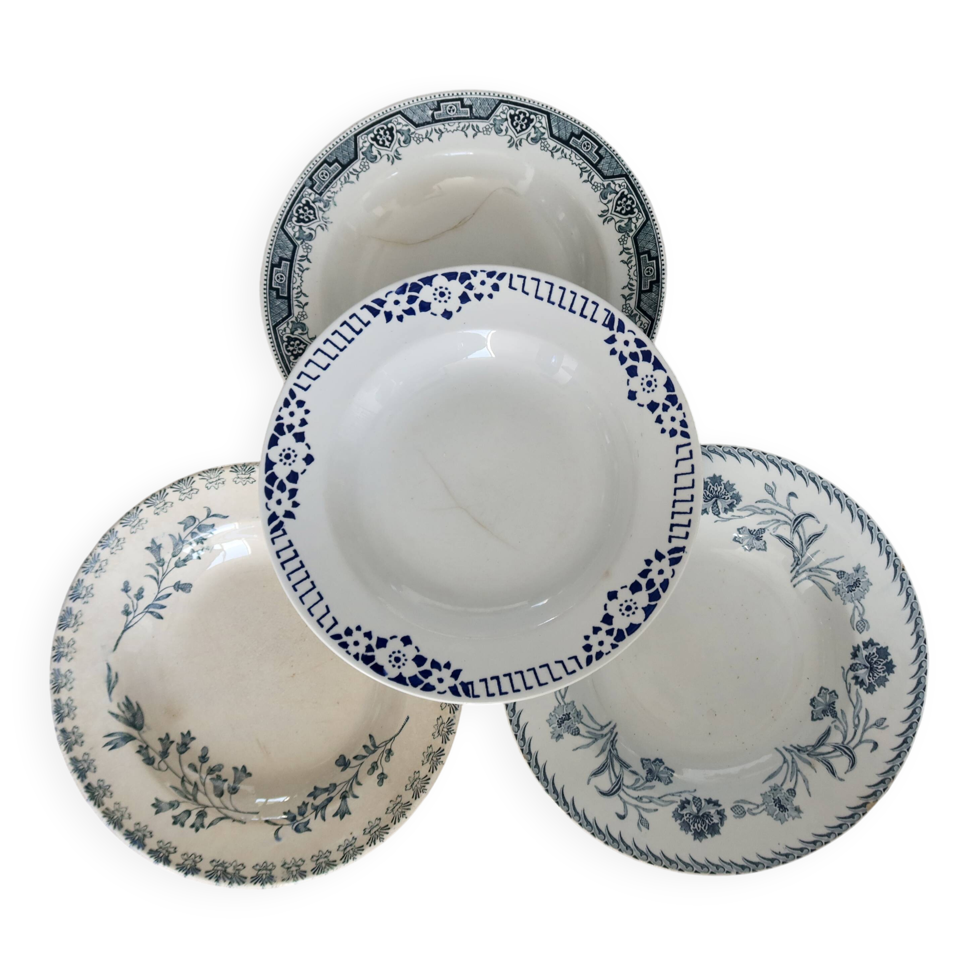 4 vintage blue ironstone soup plates