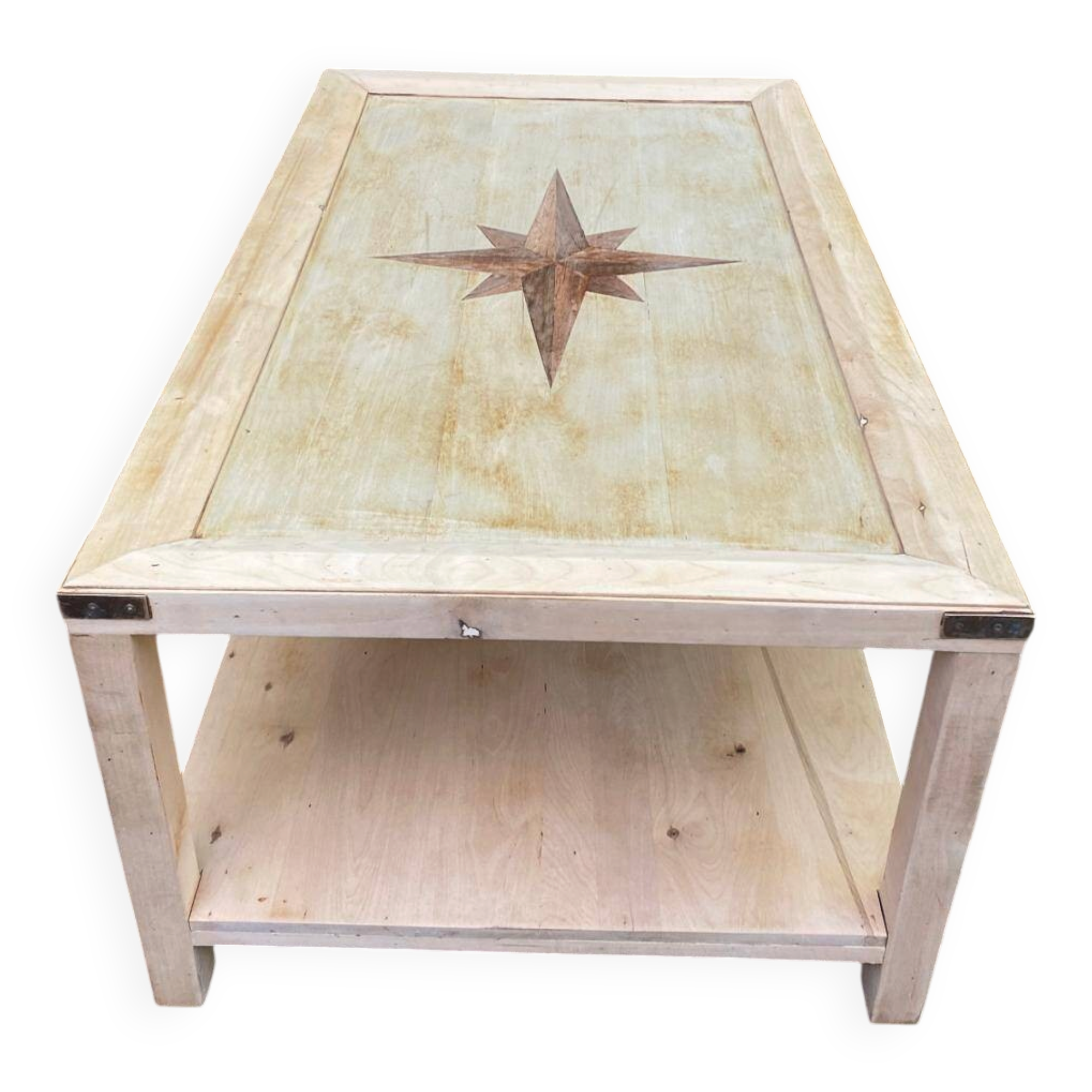 Renovated solid wood coffee table in chic country seaside style.