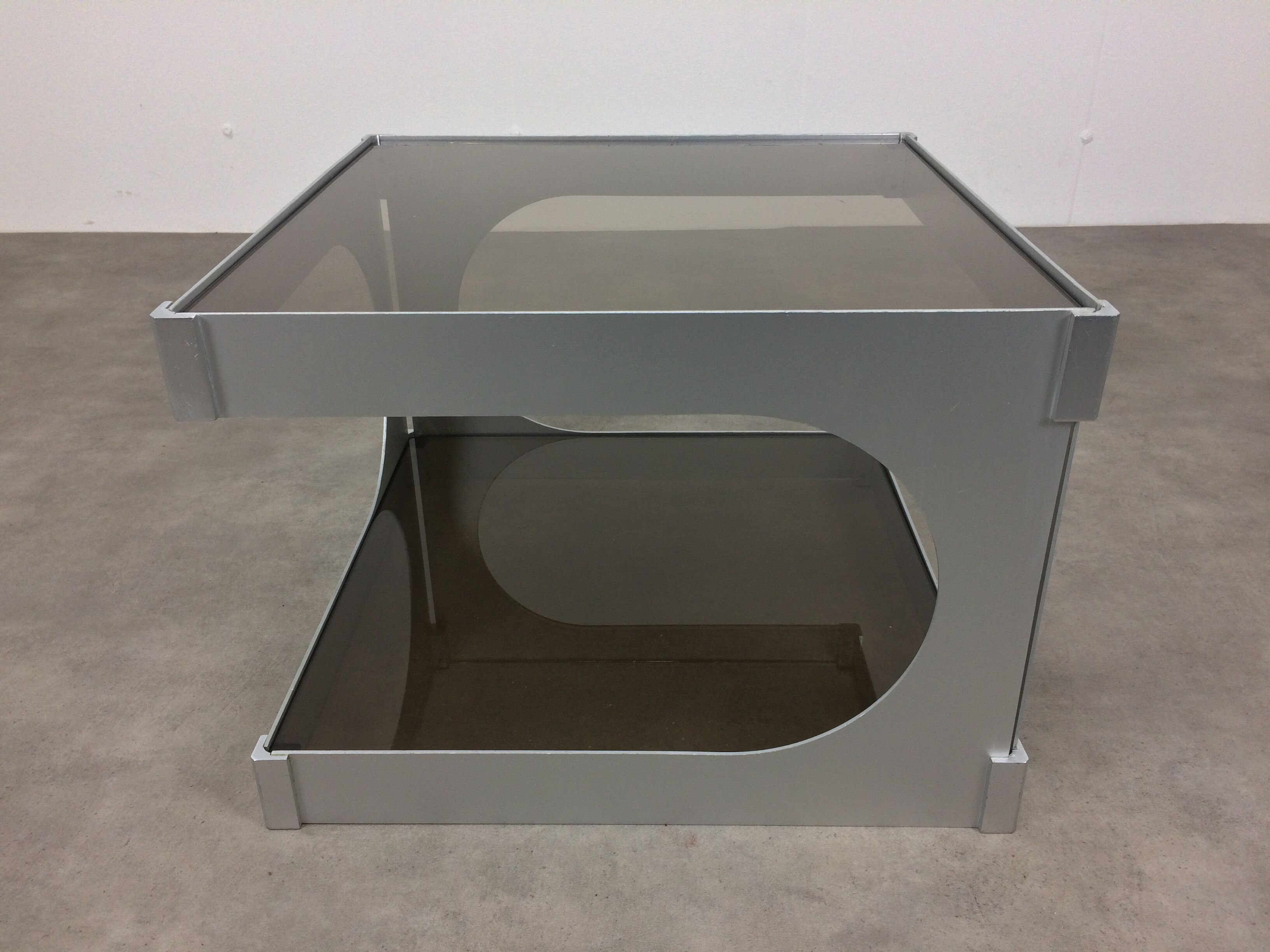 Side table space age aluminum smoked glass, end of sofa 1970
