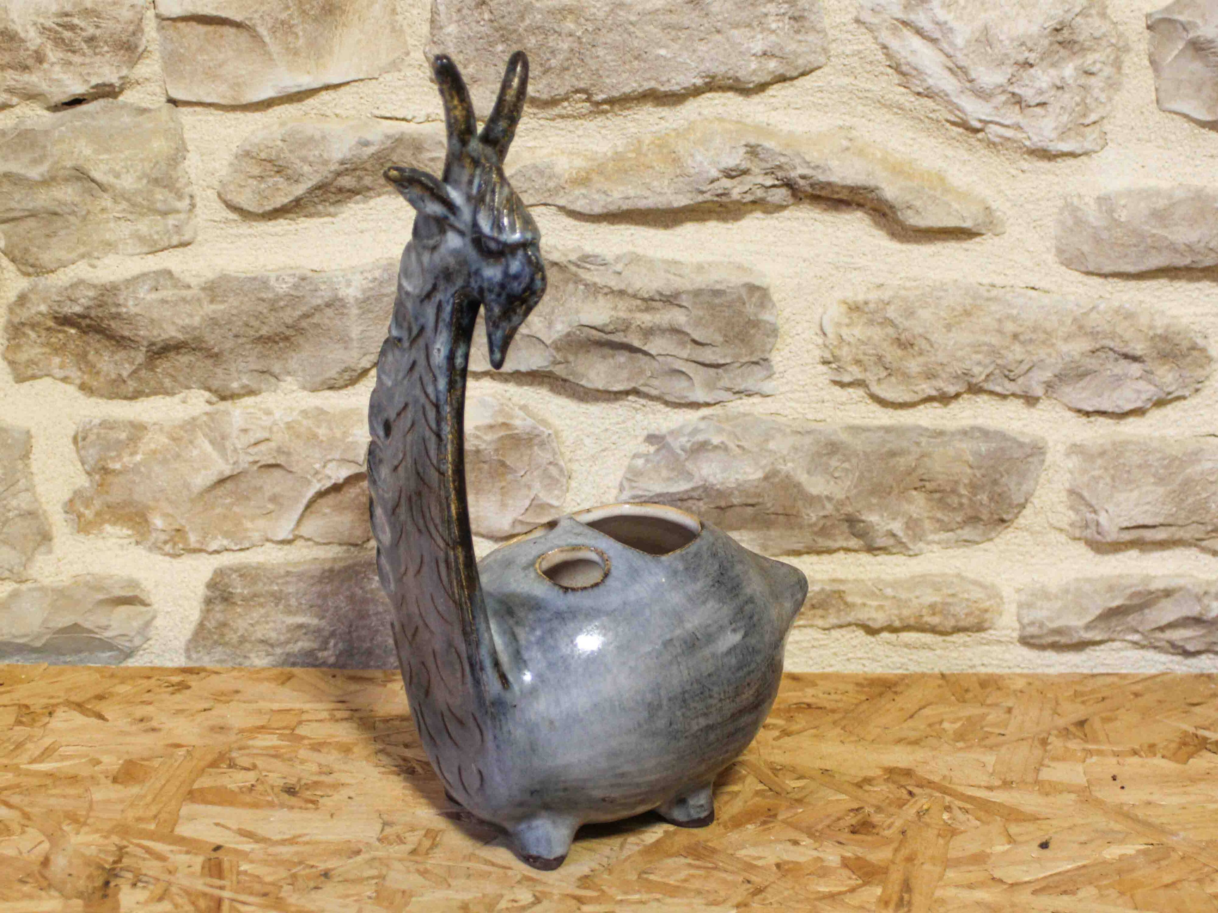 Zoomorphic glazed ceramic flower holder by Jean-Claude Raybaud