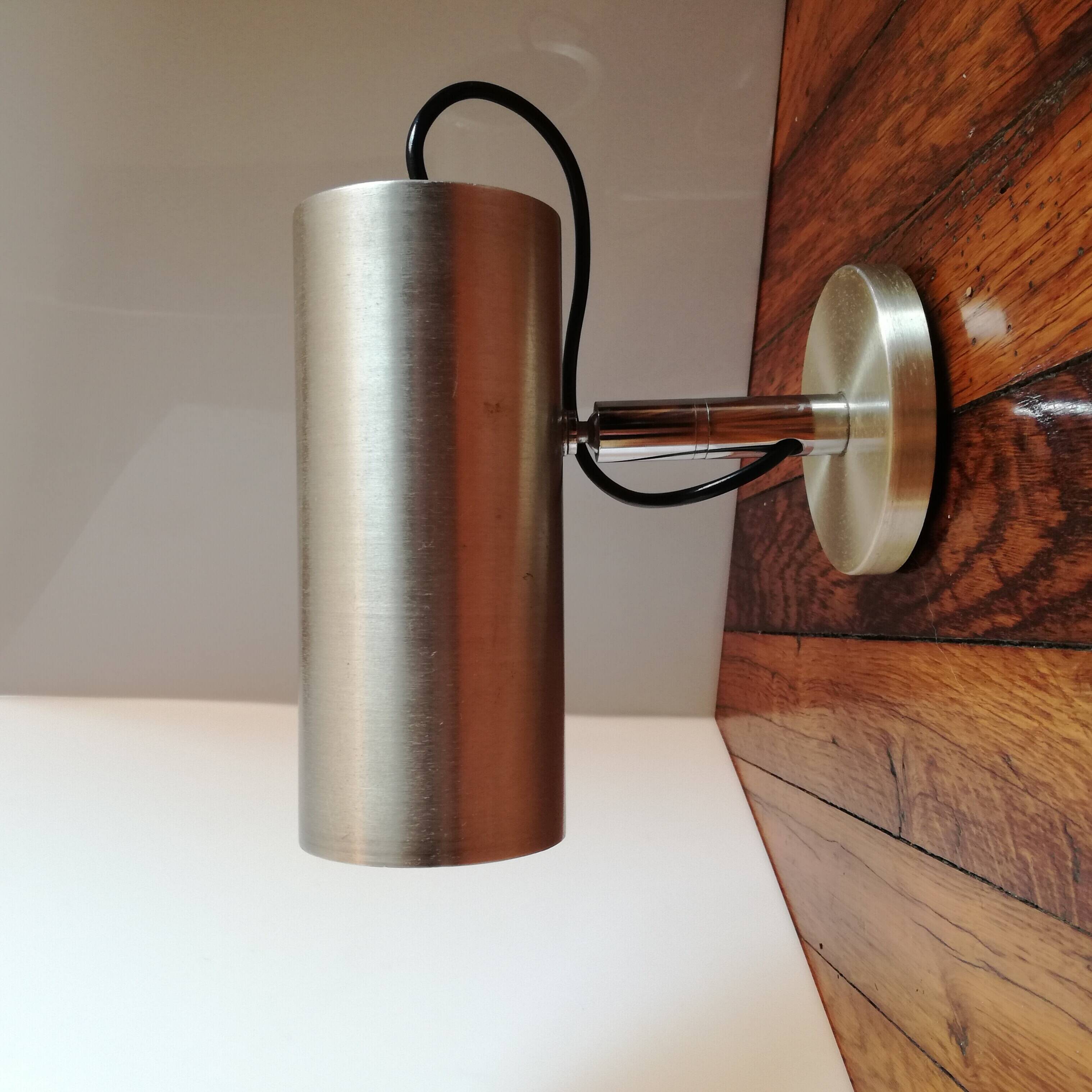 Cylindrical and adjustable wall spotlight in brushed stainless steel, 1970s