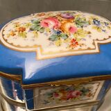 Domed porcelain box polychrome floral decoration on blue background brand Sèvres