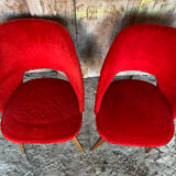 Achille decommere chair pair red fur + vintage wooden compass legs