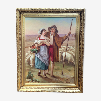 Painting "Romantic Scene" - End of the 19th century