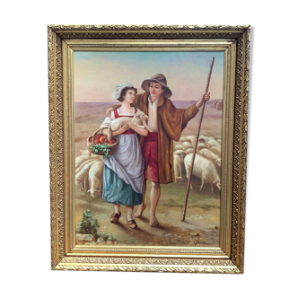 Painting "Romantic Scene" - End of the 19th century