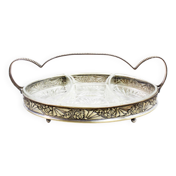 Art Deco silver metal tray with 4 ramekins