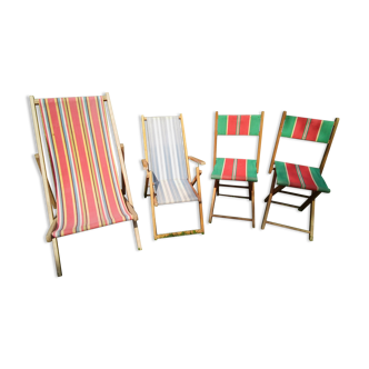 Ensemble de 2 chiliennes pliantes et 2 chaises pliantes en toile vintage 1970